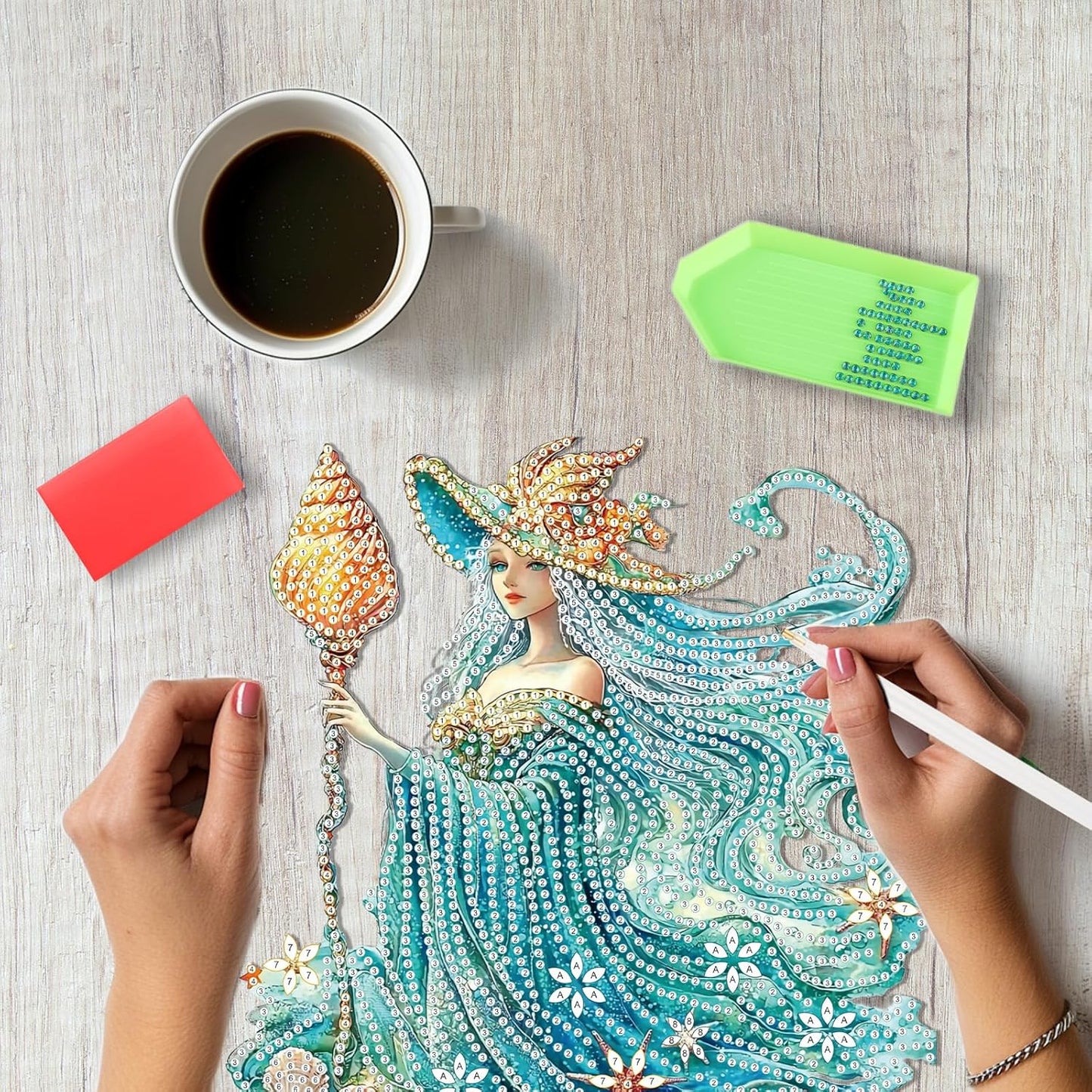 SENQAO Fairy Diamond Art Hanging Kit for Adult, Special Shaped Rhinestone, Double Sided DIY Acrylic Diamond Art Painting Window Pendants Home Garden Wall Hanging Kits Hanging Ornament (Shell Witch)