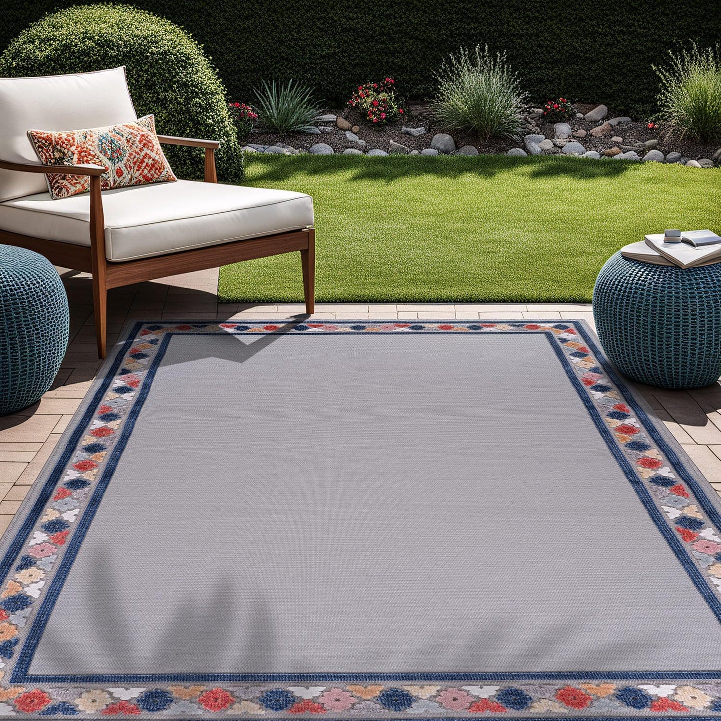 Beverly Rug Outdoor Rug 8x10 Modern Bordered Area Rugs for Indoor and Outdoor Patio Easy to Clean Non Shedding Living Room Porch Garden Washable Outside Carpet (8 x 10 Gray)