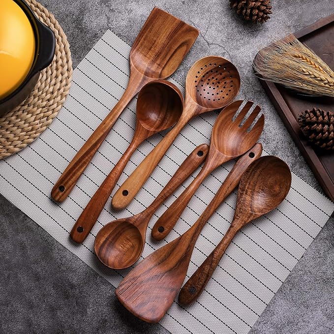 Wooden Non-Stick Kitchen Pan Toolset 7 Pieces Set,100% Natural Teak Kitchen Utensils Spatula, Wooden Cooking Utensils Spoons, Fried Spatula and Salad Fork