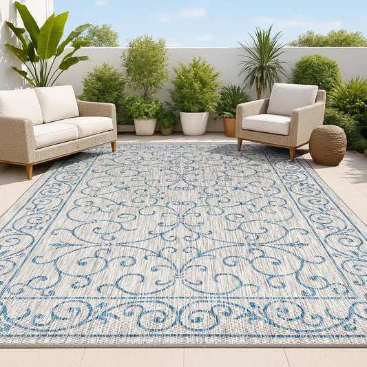 JONATHAN Y Vintage Filigree Indoor Outdoor Area Rug 10X14 Gray/Navy, Charleston Textured Weave for Backyard, Patio, Porch, Easy-Cleaning, High Traffic, Pet-Friendly, Non-Shedding (SMB106C-14)