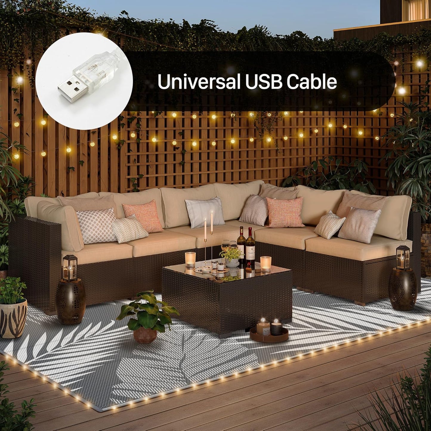 GENIMO Outdoor Rug 6' x 9' Waterproof for Patios Clearance, Reversible Outdoor Plastic Straw Camping Rug Carpet with LED String Light, Area Rugs Mats for RV, Camper, Deck, Balcony, Porch, Grey&White