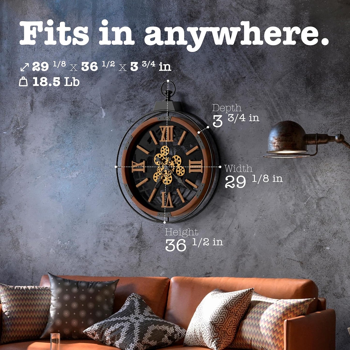 Driini 30 Inch Large Rustic Farmhouse Gear Clock with Moving Gears – Vintage Oversized Wall Clock with Iron Frame – Giant Industrial Steampunk Wall Clock for Living Room Décor (Walnut)