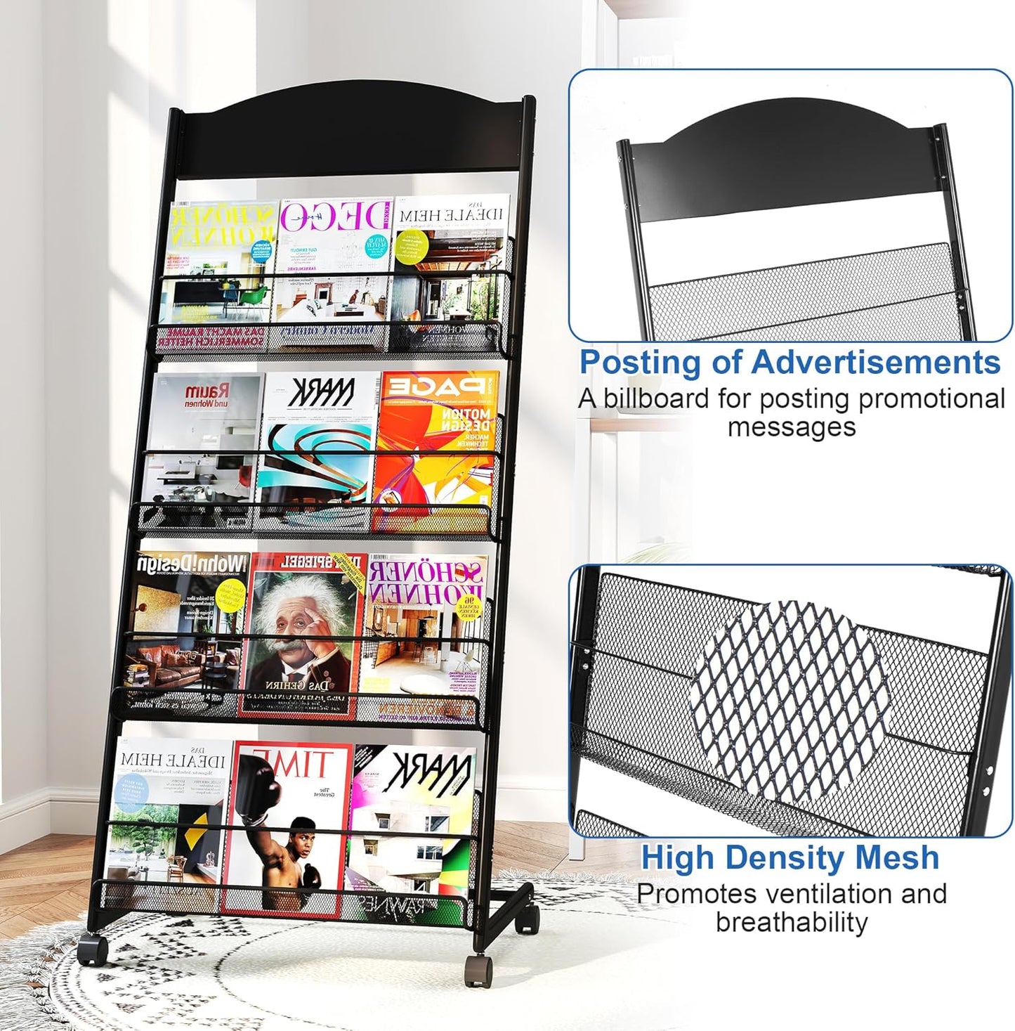 Brochure Display Stand 4 Layer Floor-Standing Magazine Rack Literature Newspaper Catalog Display Holder with Wheels and Top Billboard for Exhibitions,School, Hotel, Hospitals, Offices (Black)