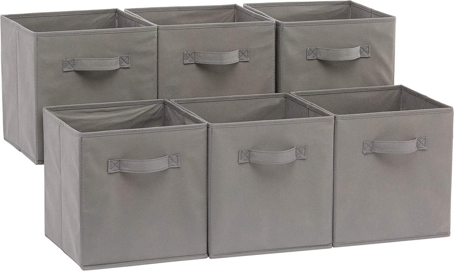 Amazon Basics Collapsible Fabric Storage Cubes Organizer with Handles, Sturdy, Gray, 10.5-x-10.5-x-11-inch, Pack of 6