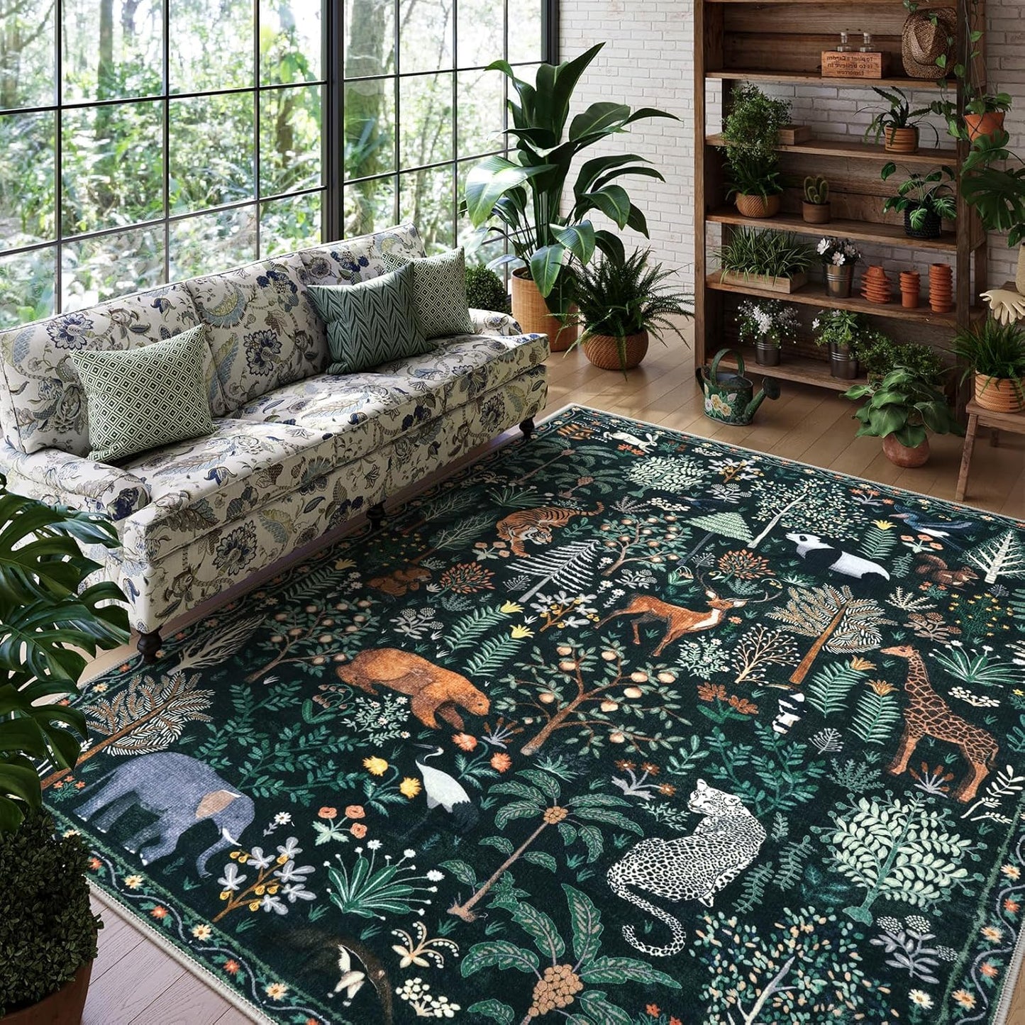 OJIA Jungle Print 9x12 Area Rugs for Living Room, Green Soft Bedroom Rug Washable Rugs 9x12, Modern Dining Room Rug Stain Resistant Ultra-Thin Floor Carpet for Playroom Kids Room Nursery