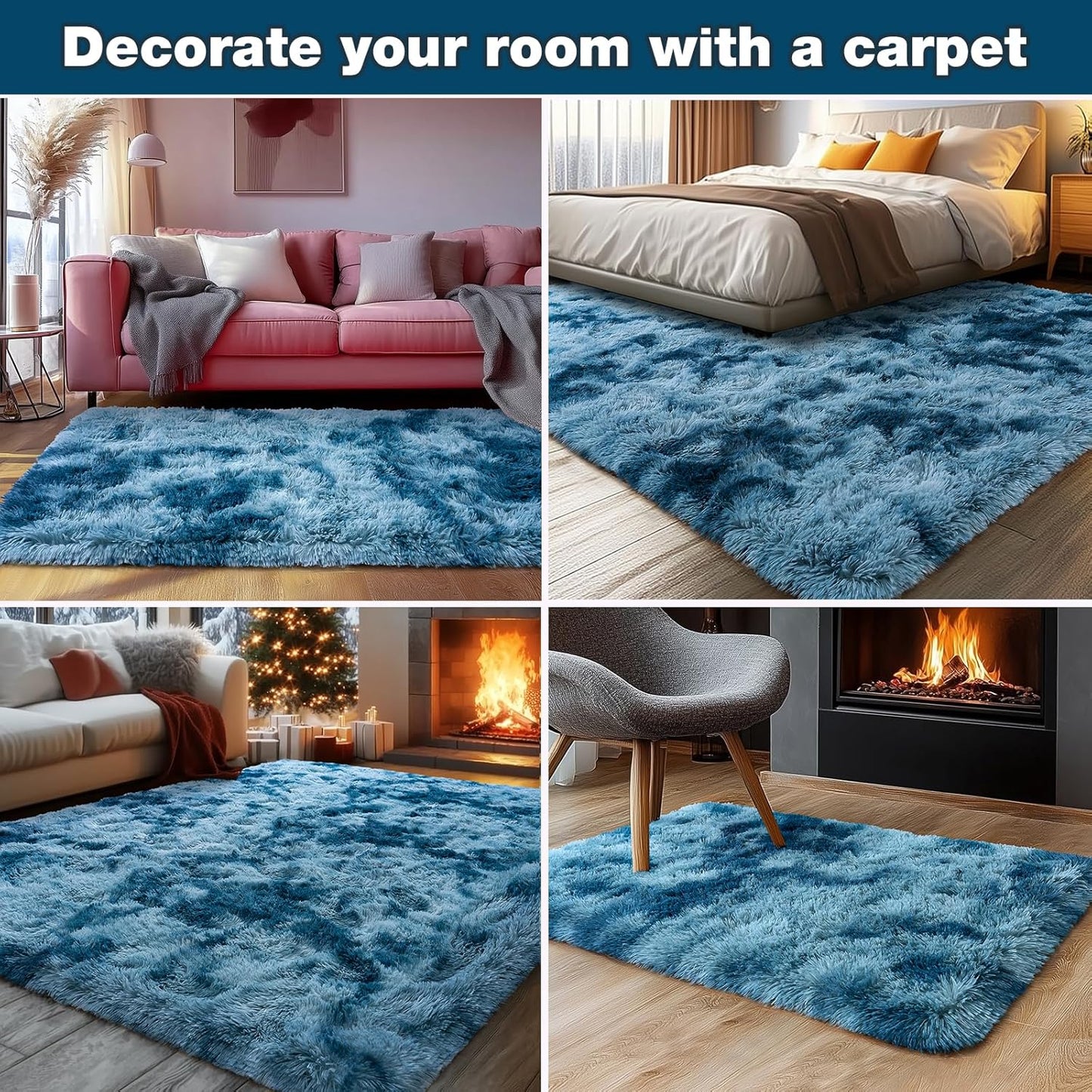 Rzutan Extra Large Rugs for Living Room 9x12, Soft Shaggy Modern Shag Area Rug for Bedroom, Upgrade Non-Slip Plush Fluffy Carpet for Kids Boys Girls Room Home Decor Aesthetic,Peacock Blue
