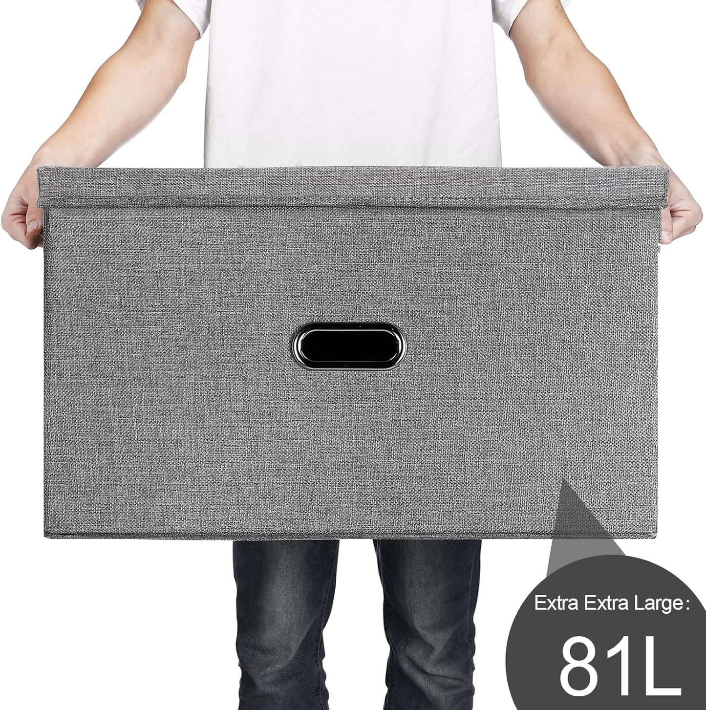 Large Linen Fabric Foldable Storage Bins with Removable Lid and Handles, Washable Storage Box Organizer Containers Baskets Cube with Cover for Bedroom,Closet,Office,Nursery (Grey, XXL)