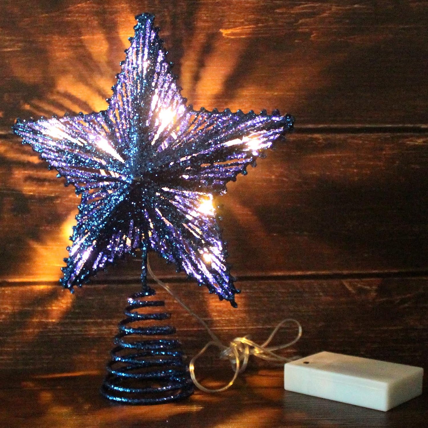 CVHOMEDECO. Blue Glittered 3D Tree Top Star with Warm White LED Lights and Timer for Christmas Ornaments and Holiday Seasonal Décor, 8 x 10 Inch