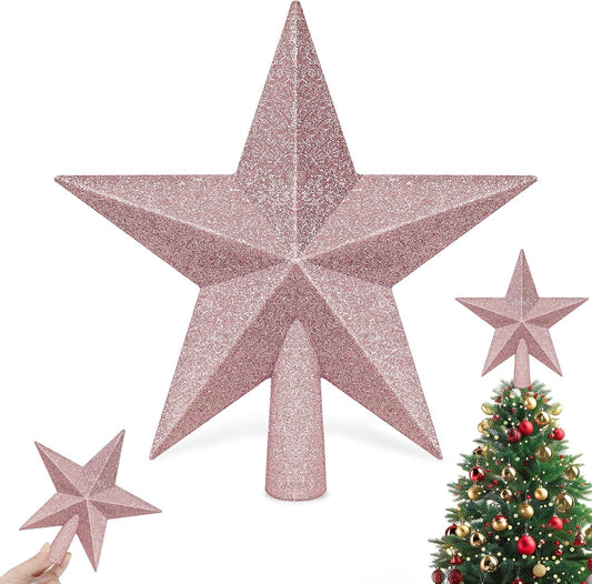 Tree Topper Star, 8" Rose Gold Christmas Star Tree Topper Accessories, Xmas Glitter 3D Bethlehem Tree Topper Ornament, Waterproof Holiday Christmas Tree Topper Star Decor for Home Indoor Outdoor