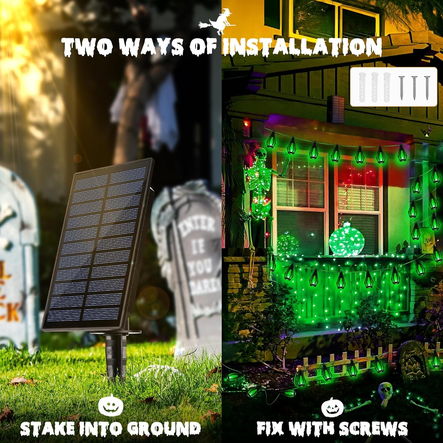 iBaycon Solar Halloween Lights, 42Ft 15 LED Bulbs Flickering Flame String Light, Outdoor Waterproof Solar Flame Lights for Garden Yard Patio Halloween Decorations (Green)