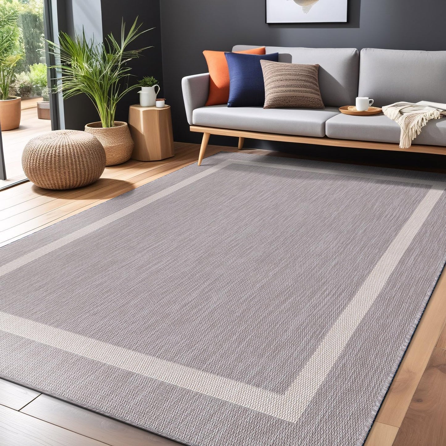 Bordered Outdoor Rug 9x12 Washable Outside Carpet for Indoor Patio Porch Waterproof Easy Cleaning Non Shedding Area Rugs Gray 9 x 12