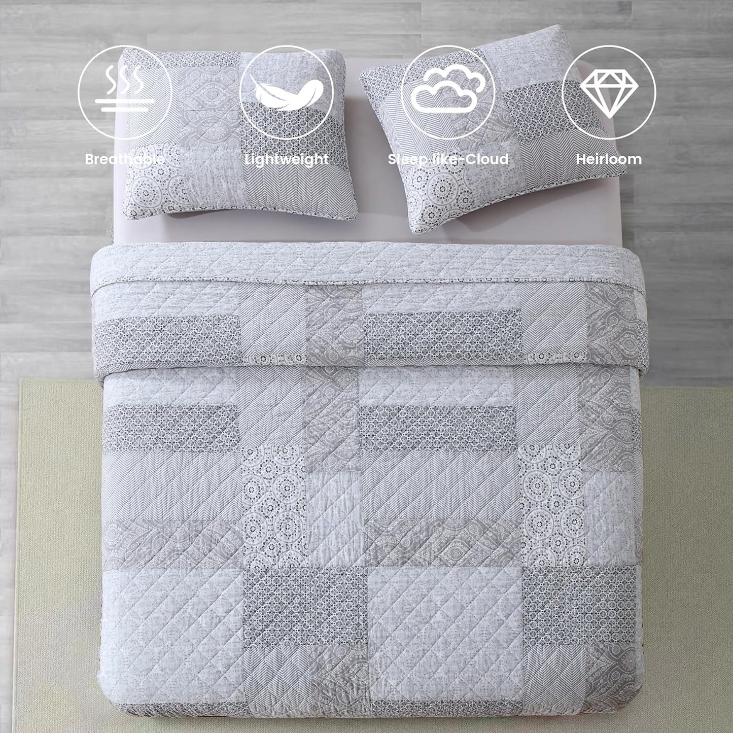 Secgo King Size Comforter Set- 100% Cotton Quilt King Size Set, Green, Sage bedspreads (96 * 108 Inch) with 2 Pillow Shams, Patchwork Reversible Lightweight Bedding