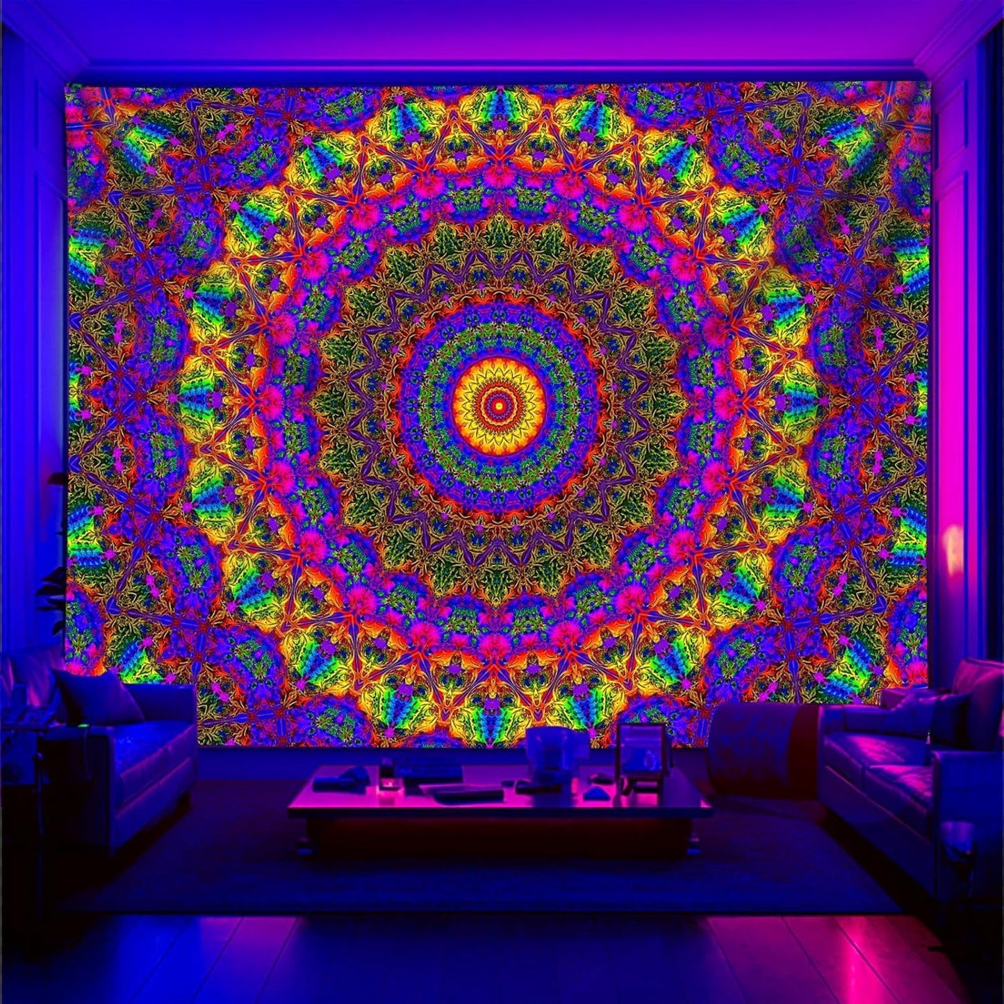 PSYHILAR Blacklight Mandala Boho Tapestry, Black Light Bohemian Hippie Poster for Adults and Teens, Aesthetic Colorful UV Reactive Wall Art Decor for Bedroom (40 x 30 Inches)