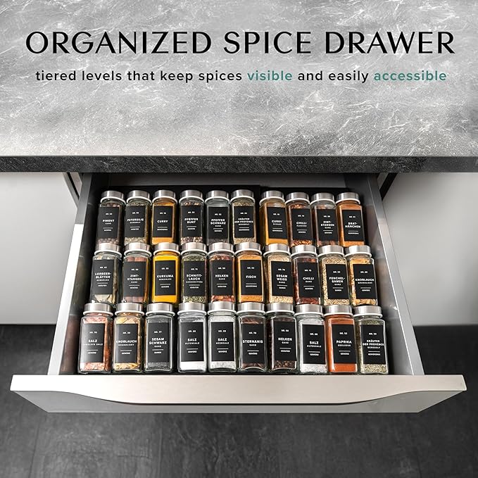 Spice Drawer Organizer - Expandable Spice Rack for Drawer, Black Seasoning Organizer for Drawer Spice Organizer, Spice Organization Seasoning rack insert for Cabinet (Jars Not Included)