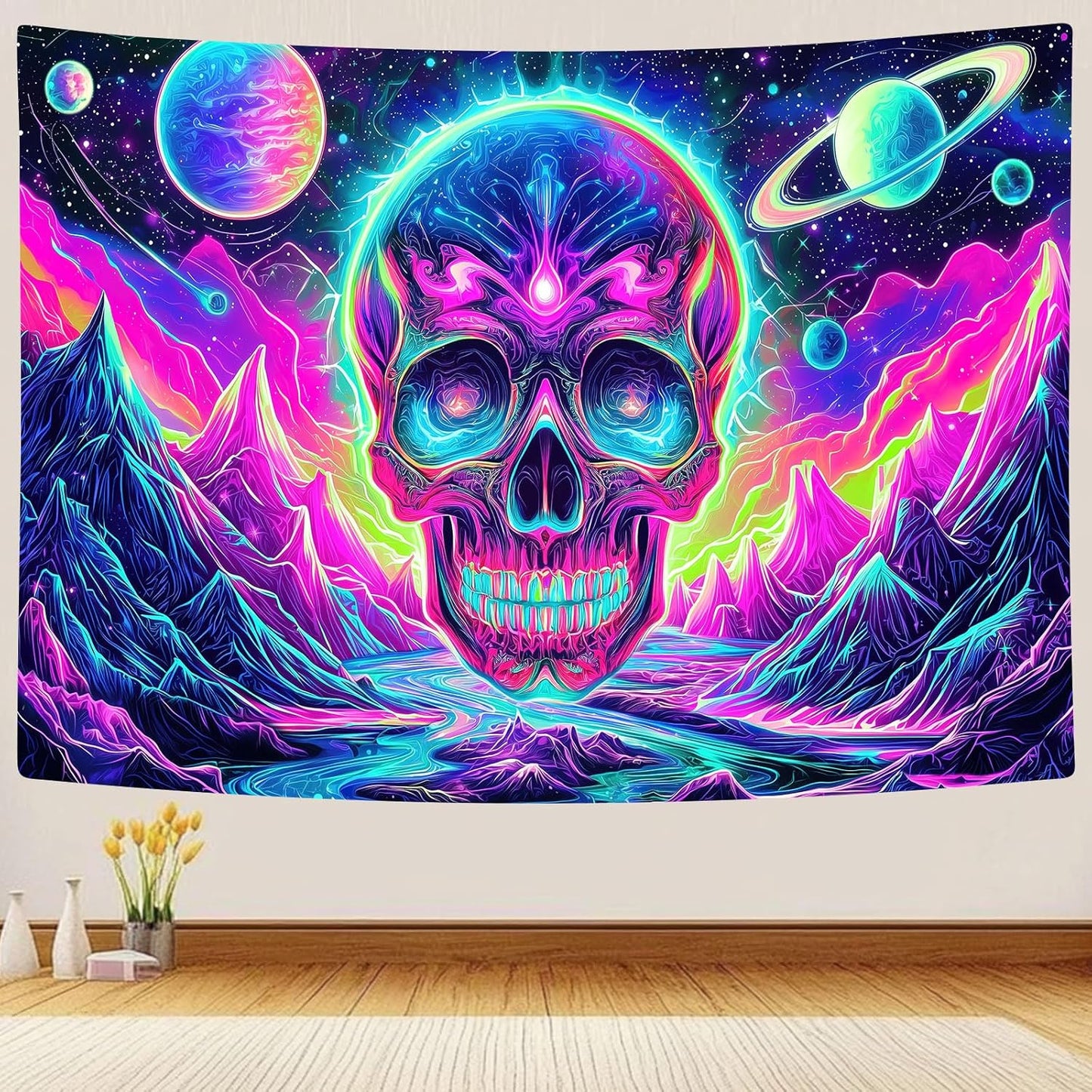 Blacklight Skull Tapestry, UV Reactive Gothic Skeleton Mountain Galaxy Planet Wall Hanging Tapestries, Glow in the Dark Horror Face Halloween Aesthetic Poster for Bedroom Living Room Decor 60X40IN