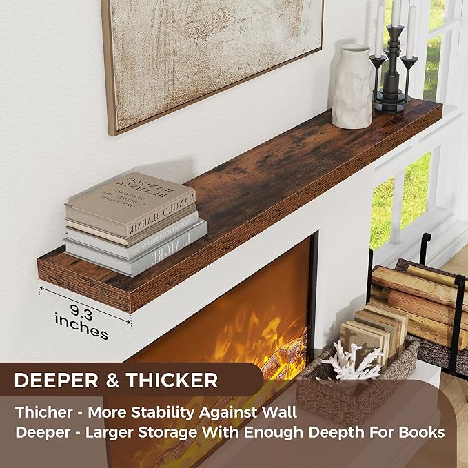 Floating Shelves for Wall, Large Wall Mounted Shelves with Invisible Brackets, Long Wood Floating Shelf for Living Room, Bedroom, Kitchen, (Brown, 72" W x 9" D x 1.5" H)