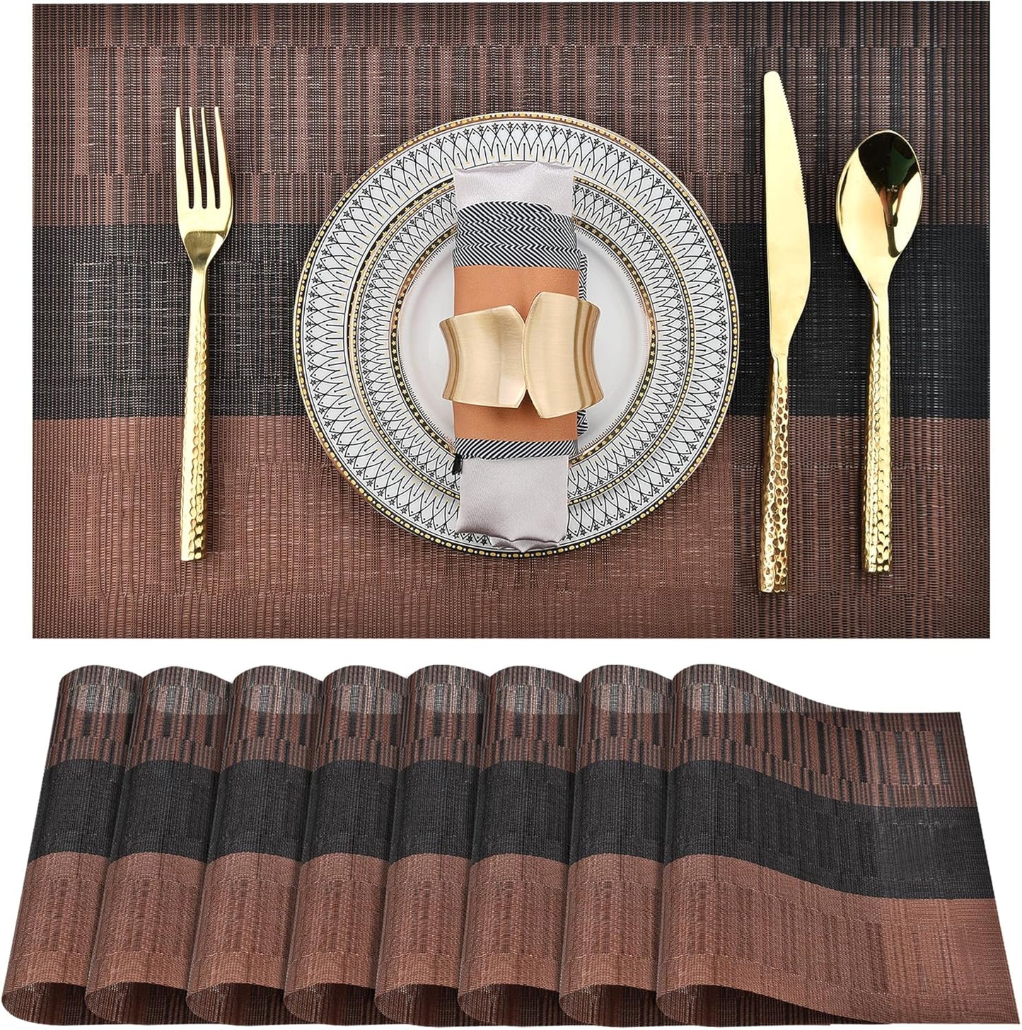 Placemats Set of 8 - Easy Clean Modern Durable Washable Vinyl Place Mats - Heat Resistant Placemats for Kitchen Table - PVC Table Mats for Dining Table (Brown Black, 8)