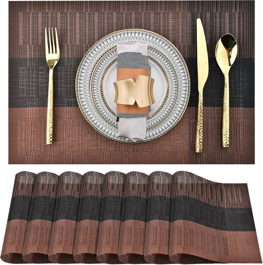 Placemats Set of 8 - Easy Clean Modern Durable Washable Vinyl Place Mats - Heat Resistant Placemats for Kitchen Table - PVC Table Mats for Dining Table (Brown Black, 8)