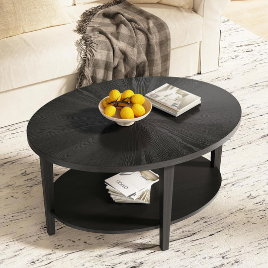Solid Wood Oval Coffee Table for Living Room, 2 Tier Oval Rustic Coffee Table with Storage Shelf, Double Layer Center Table for Living Room, Easy Assembly