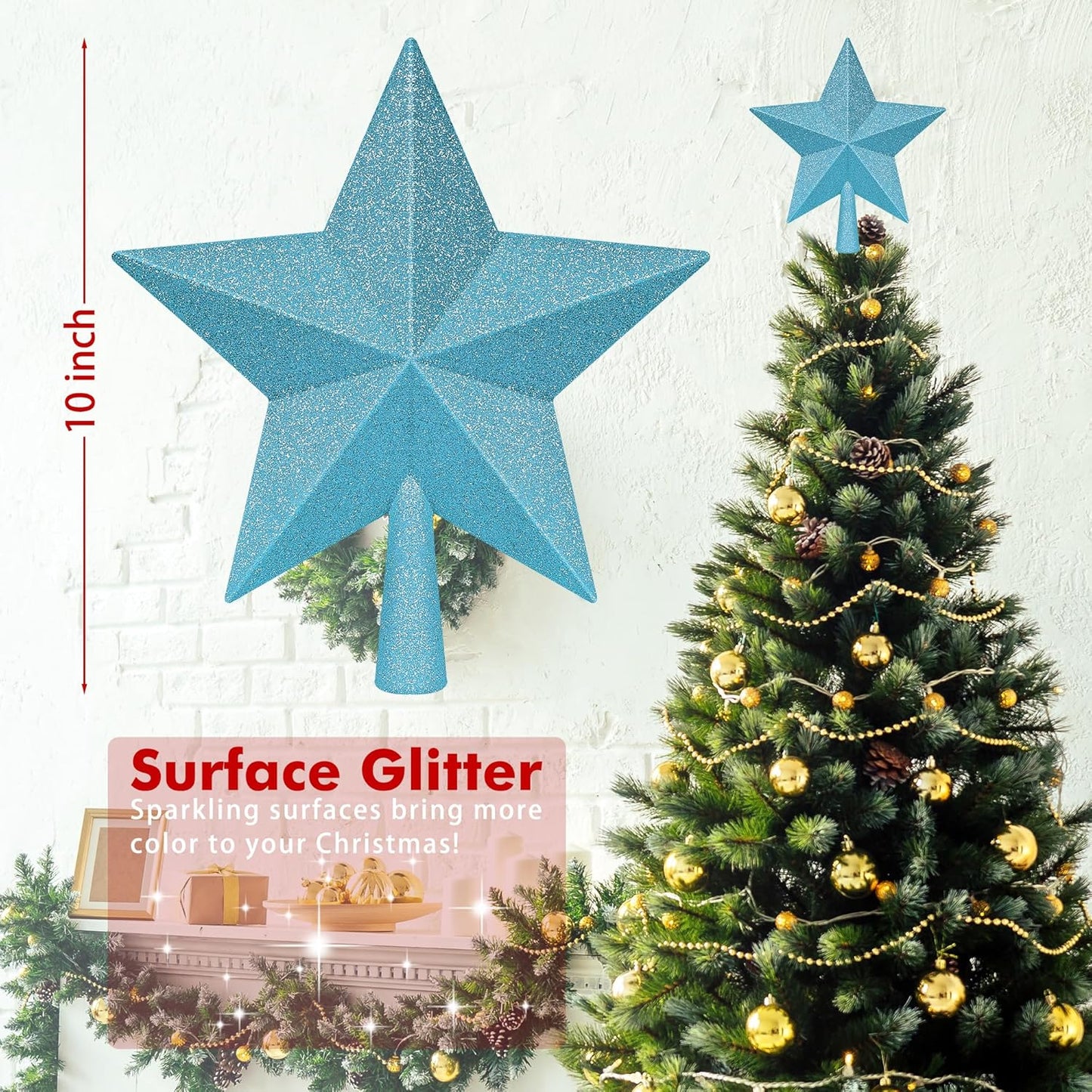 Christmas Tree Topper, Blue 10" 3D Star Tree Topper Decorations, Large Christmas Tree Topper Bethlehem Star Ornament, Glitter Shatterproof Christmas Tree Decor for Holiday Xmas Home Indoor Outdoor