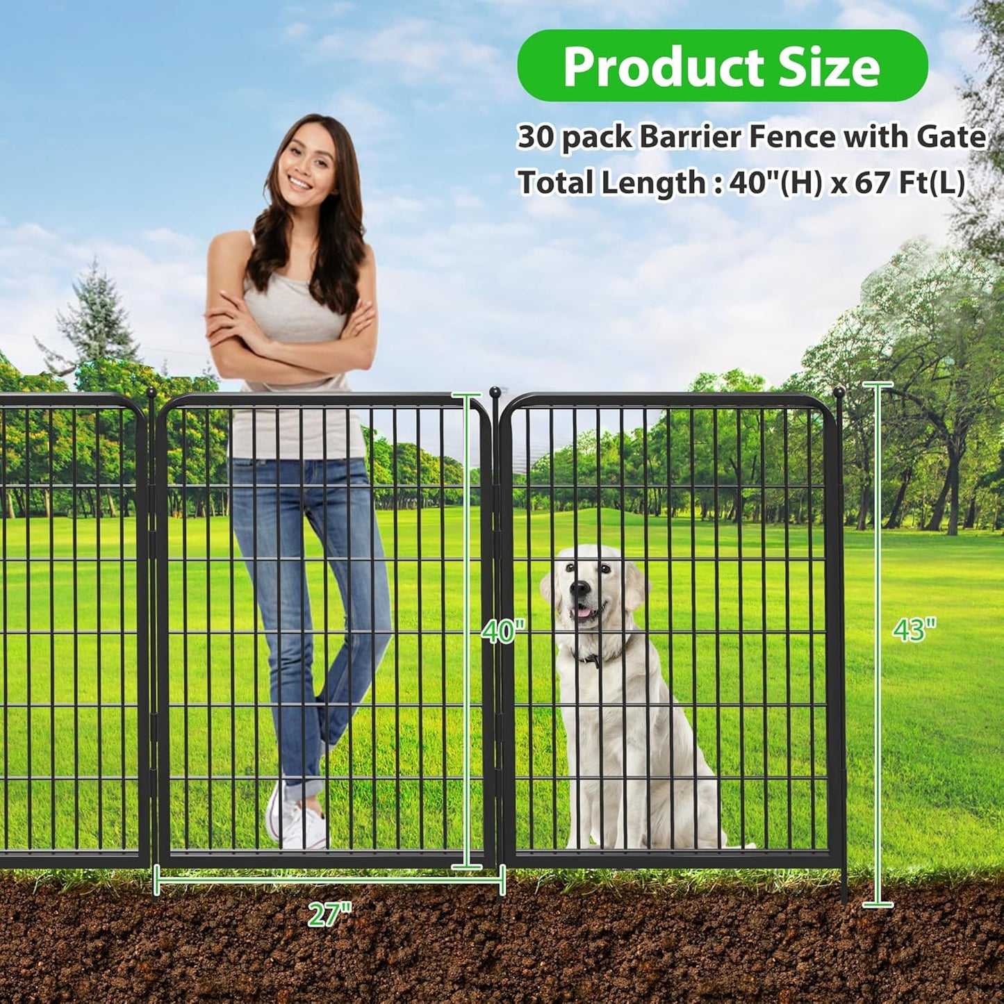 Decorative Black Metal Fencing Garden Fence with Gate, 67ft(L) 40in(H) 30 Fence Panels No Dig Fence Rustproof Animal Barrier Fence Temporary Dog Panels Fencing Outdoor