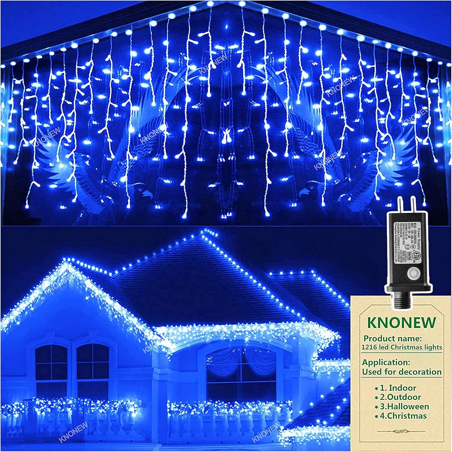 Christmas Lights Outdoor Decorations 1216 LED 99ft 8 Modes Curtain Fairy String Light with 228 Drops, Clear Wire LED String Light Indoor Decor for Wedding Party Holiday Christmas Decoration Blue