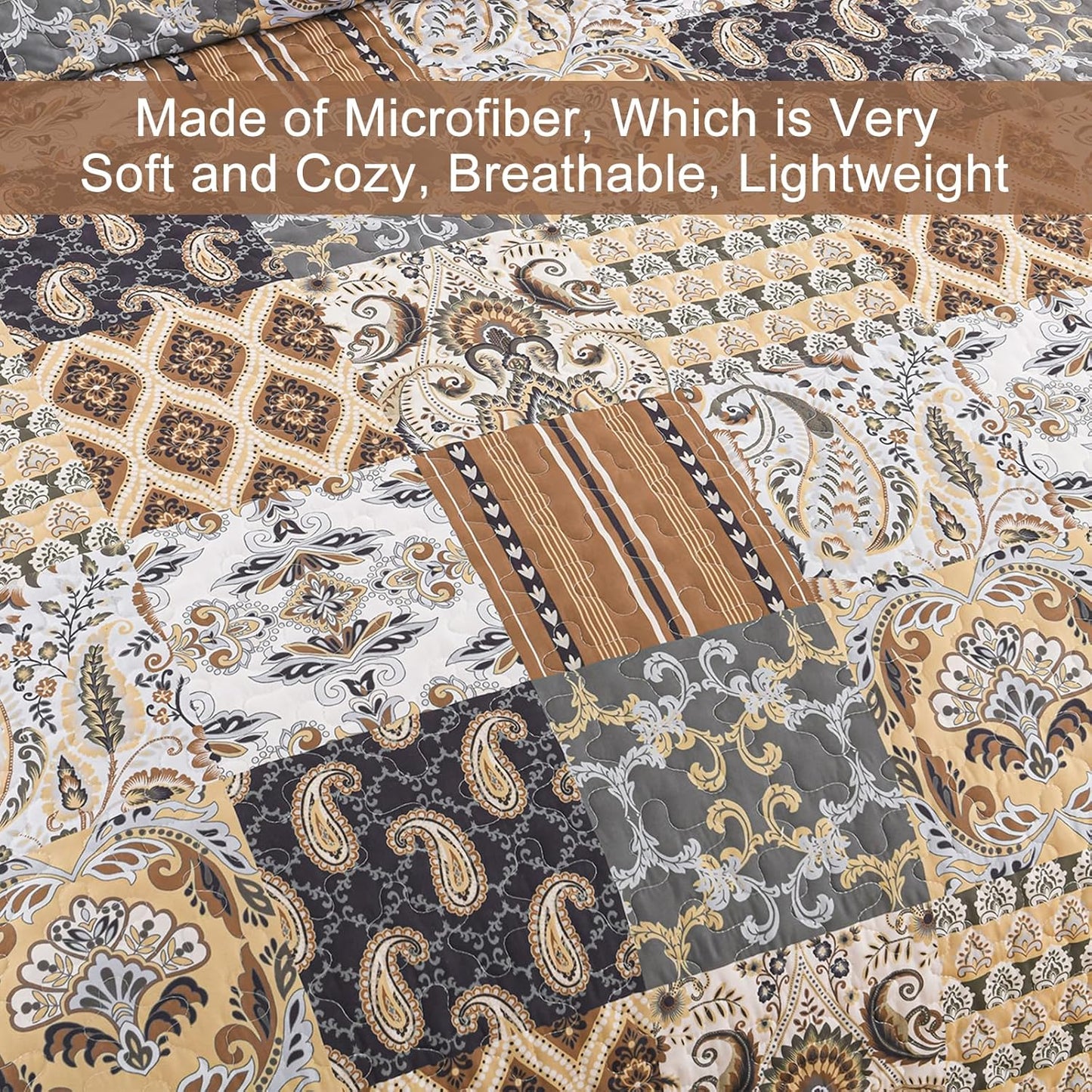 WONGS BEDDING Boho Quilt Set King Size, Dark Brown Plaid Patchwork Bedspread Bedding Set Soft Microfiber Quilt for King Bed Reversible 3 Pieces Coverlet Set for All Season (104"x90")