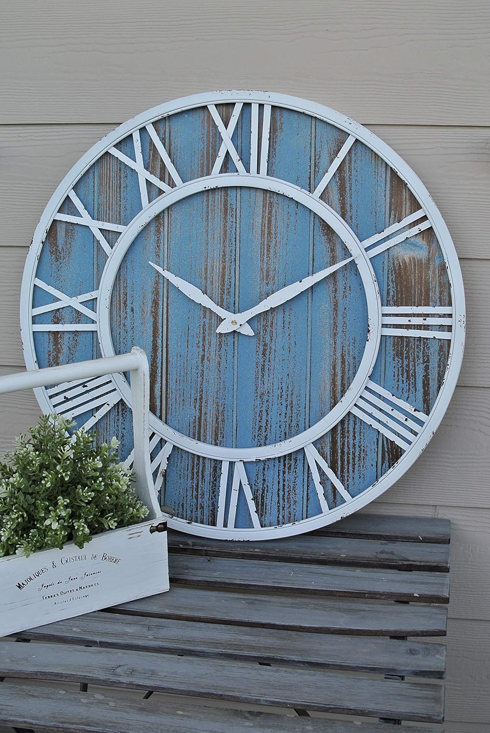 18" Coastal Wall Clock - Metal & Solid Wood Noiseless Weathered Beach Blue Wall Clock