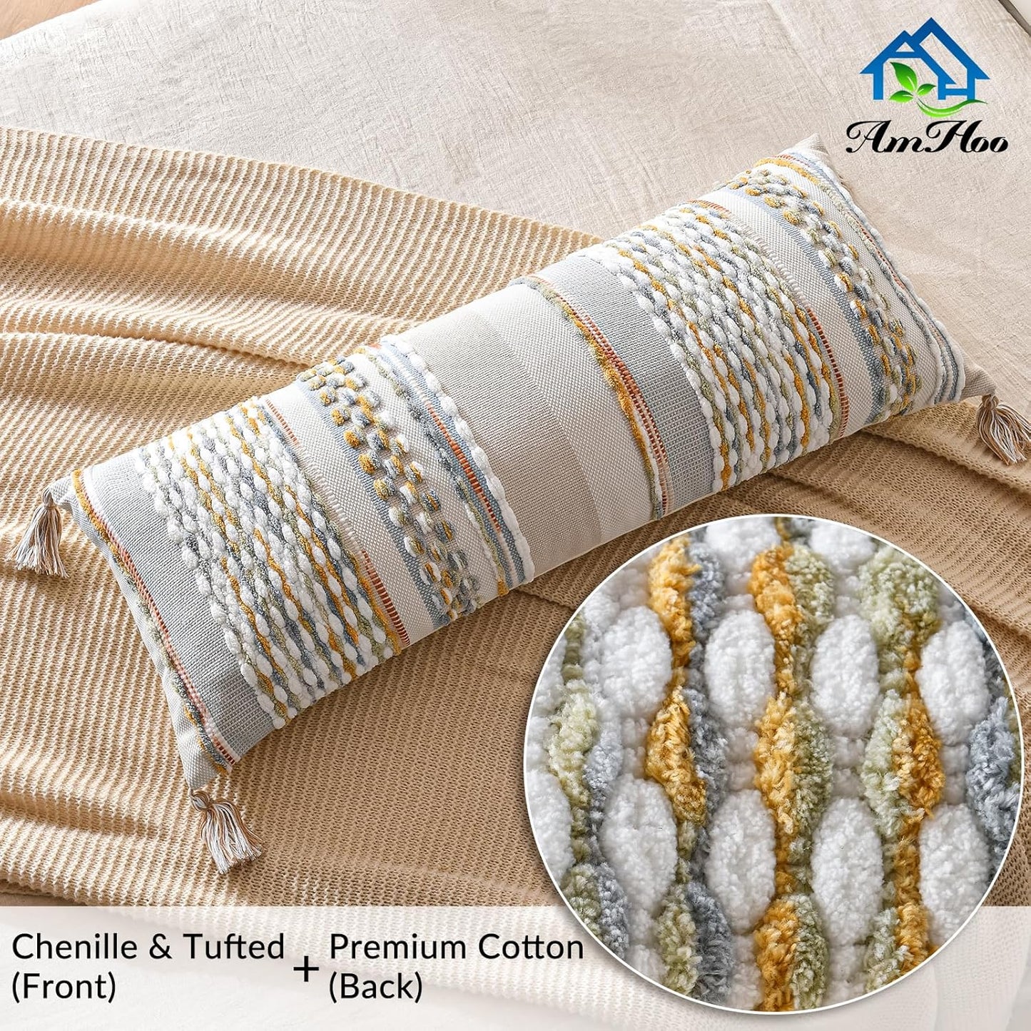 AmHoo Chenille Striped Textured Boho Throw Pillow Covers Aesthetic with Tassels Woven Decorative Pillow Case for Couch Bed Sofa Bedroom Modern Funky 14 x 36-Inch Grey