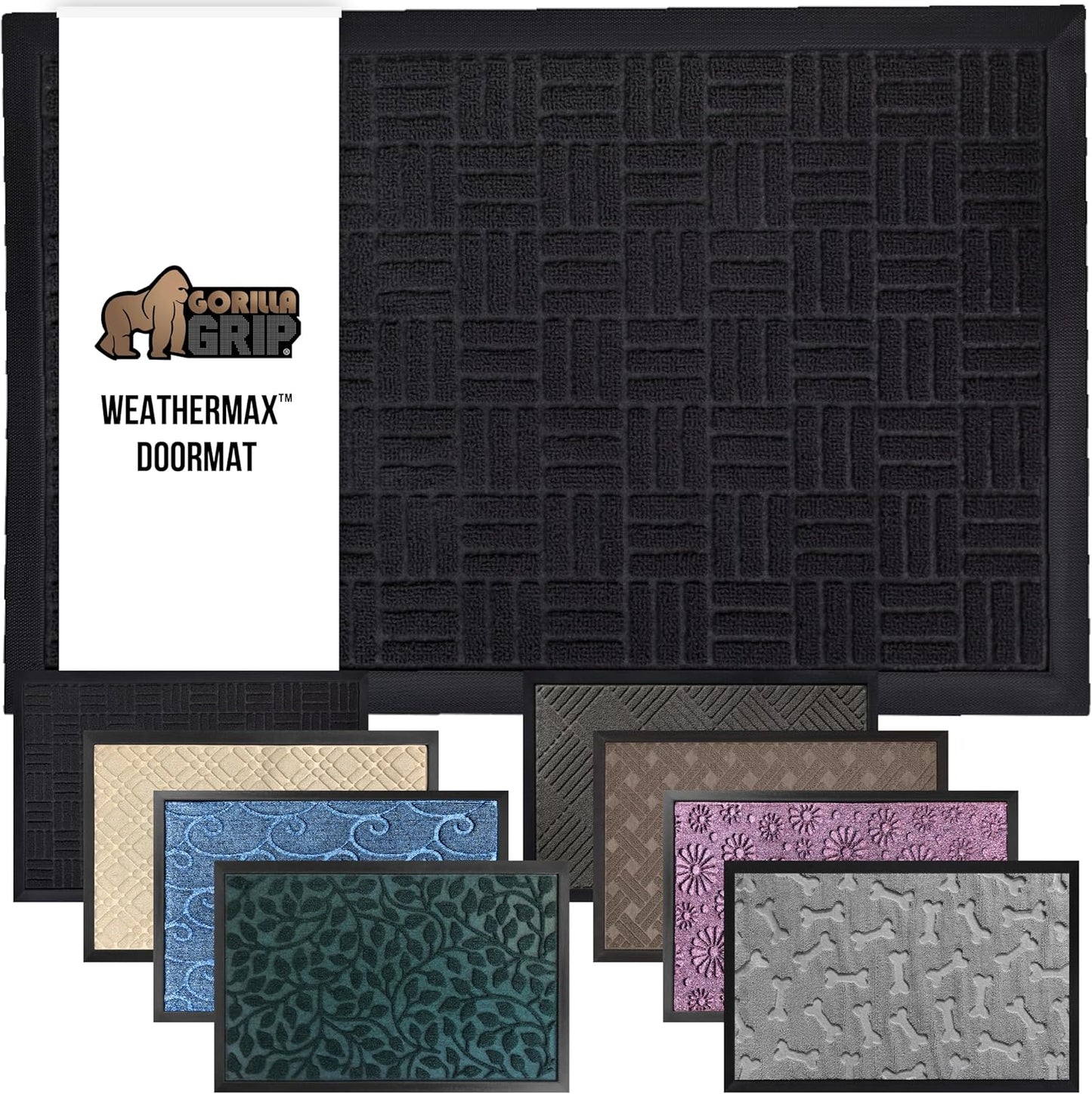 GORILLA GRIP 100% Waterproof All-Season WeatherMax Doormat, 72x24, US Designed Natural Rubber, Stain and Fade Resistant, Low Profile Indoor Outdoor Door Mats, Easy Clean Patio Mat, Black Maze