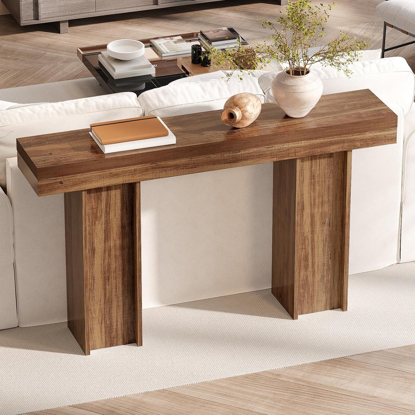 55Inch Farmhouse Console Table,Wooden Rectangular Sofa Table Behind The Couch,Entryway Console Table with Storage for Living Room, Hallway,Entrance (Light Brown)