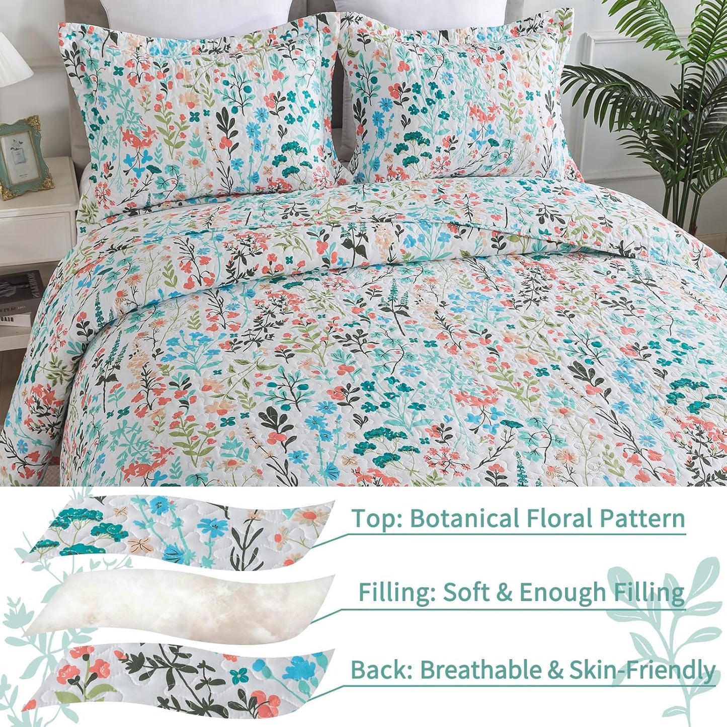 VAPUTAR King Size Quilt-3 Pieces Botanical Bedspread King Size (98 x 106 inch), Lightweight Coverlet Set with Garden Style Floral Pattern,Oversized Quilted Bedding Set with Shams for All Season