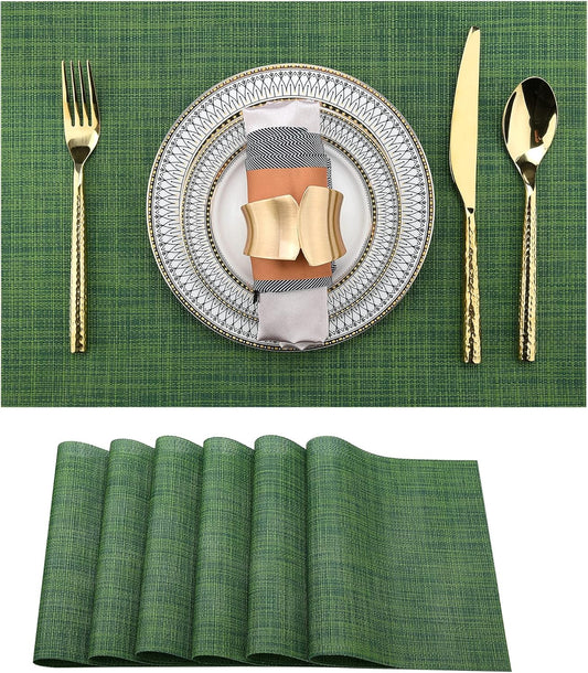 Green Placemats Set of 6 - Wipe Clean Vinyl Placemats - Washable Heat Resistant PVC Table Mats for Dining Table - 17x12 Inch (Green, 6)