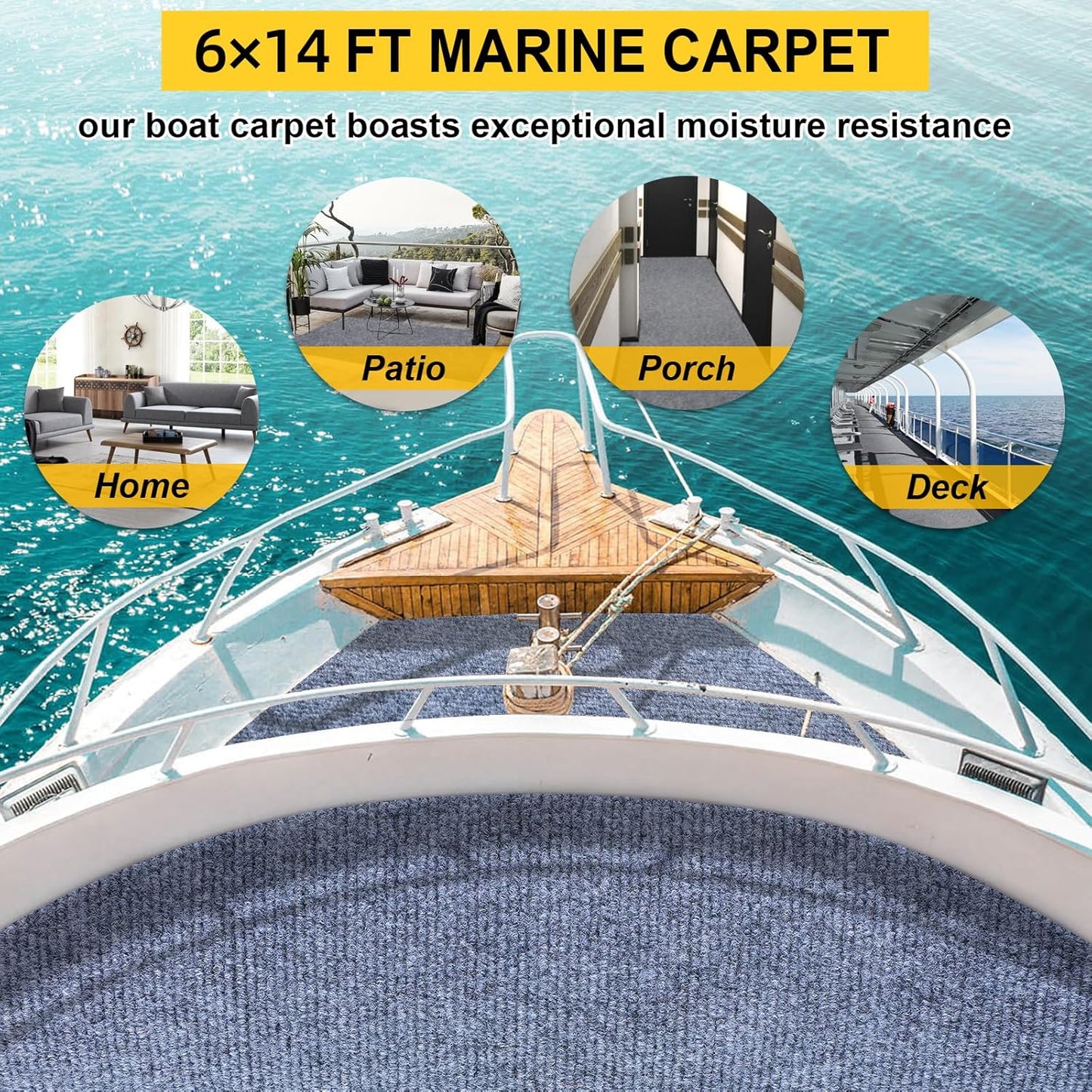 Marine Carpet,6 FT x 14 FT Blue-Gray Indoor Outdoor Carpet 0.2" Thick Boat Carpet with Water-Proof TPE Backing, Non-Slide Outdoor Marine Carpet Roll for Home, Patio, Porch, Deck