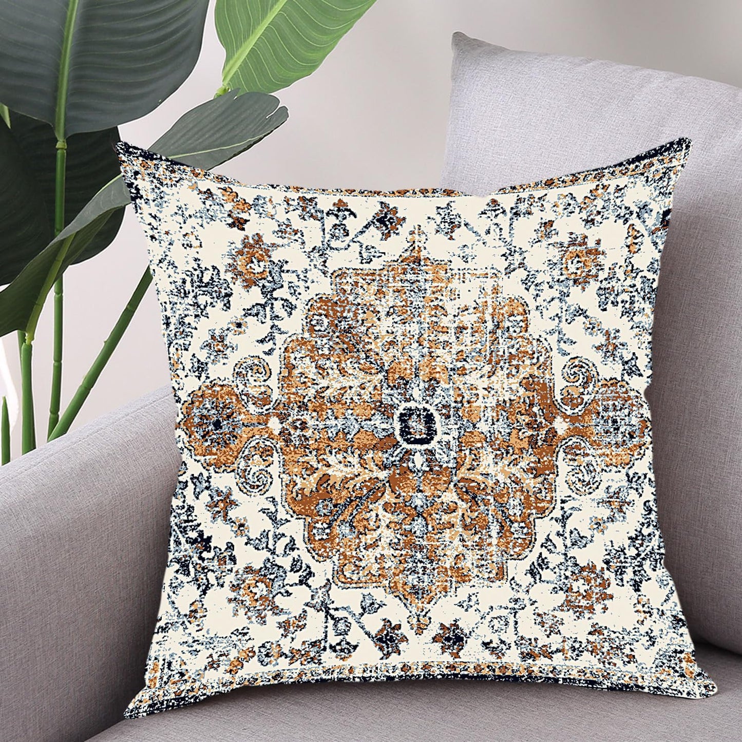 Outdoor Waterproof Pillow Covers 16x16 Inch Set of 2 - Bohemian Vintage Carpet Pattern Gold Blue Ethnic Design Decorative Farmhouse for Couch Garden Balcony（40cmx40cm）