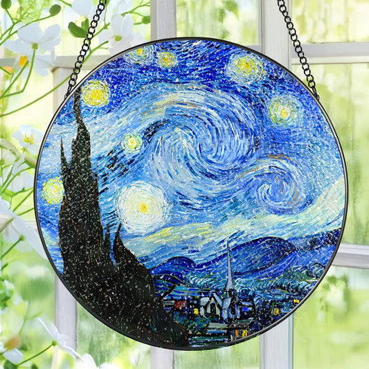 Stained Glass Window Hanging, Pauyadu Van Gogh Starry Night Sun Catchers, Stained Glass Suncatcher, Starry Night Decor Gifts for Her, Women, Art Lover, Friend - 8 Inch