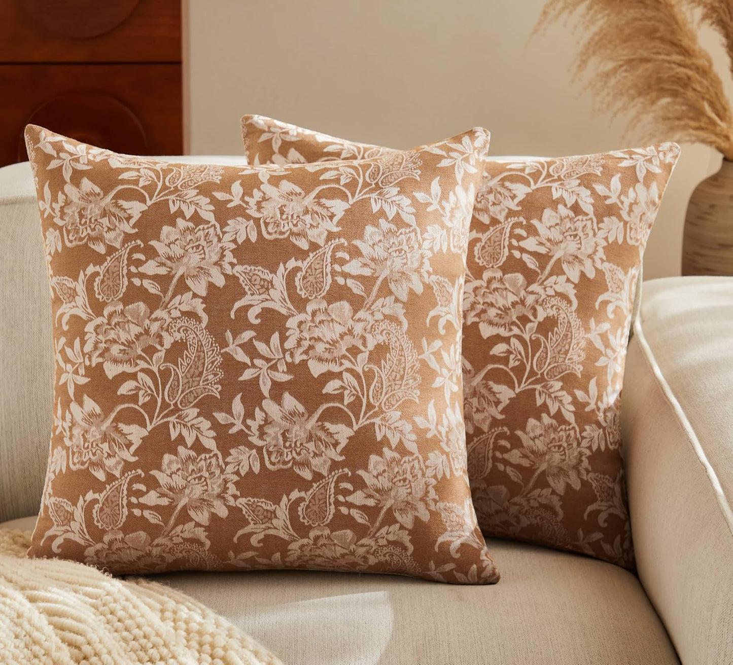 Floral Jacquard Throw Pillow Covers Set of 2, Background/Caramal 18x18 Inch, Farmhouse Decorative Cotton Caramal Cushion Covers for Sofa Bed Living Room Home Decor
