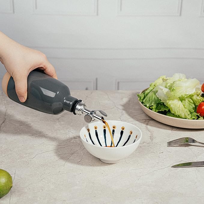 Olive Oil Dispenser Bottle Stoneware Ceramic, Cruet Protects to Reduce Oxidation, Suitable For Storage Of Oil, Vinegar, Coffee Syrups & Other Liquids - Stainless Steel Spout 14Oz