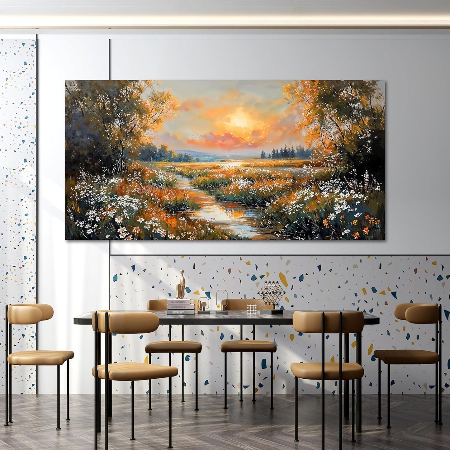 Canvas Wall Art Decor Large Vintage Wildflower Wall Art Prints Canvas Wall Art for Living Room River Sunset Art Work for Wall Decor Oversized Artwork for Walls Bedroom Office Wall art Decor 29" X 58"