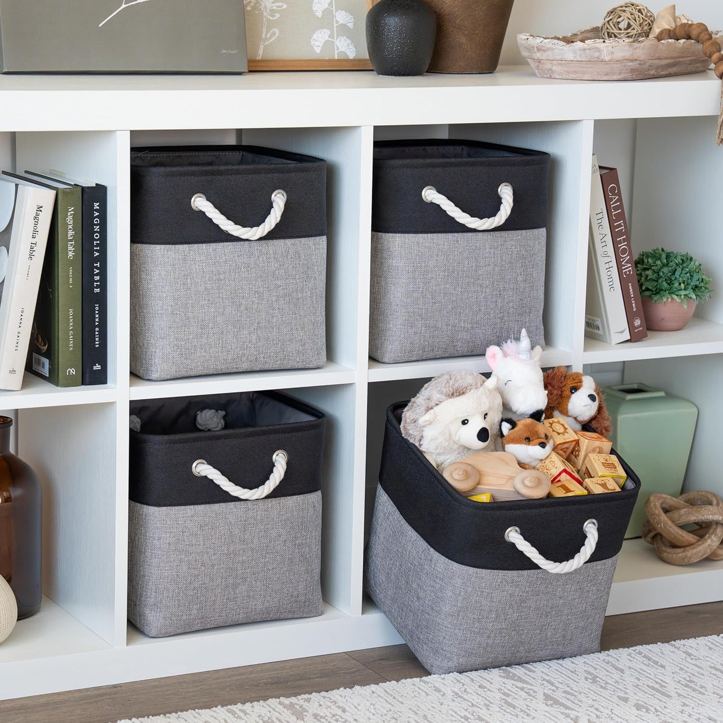 OrganiHaus 11x11 Cube Storage Bins 4 Pack, Foldable Cube Storage Organizer w/ Rope Handles, Collapsible Fabric Bins for Toys, Clothes & Closet Organization, Fabric Square Baskets - Gray/Black