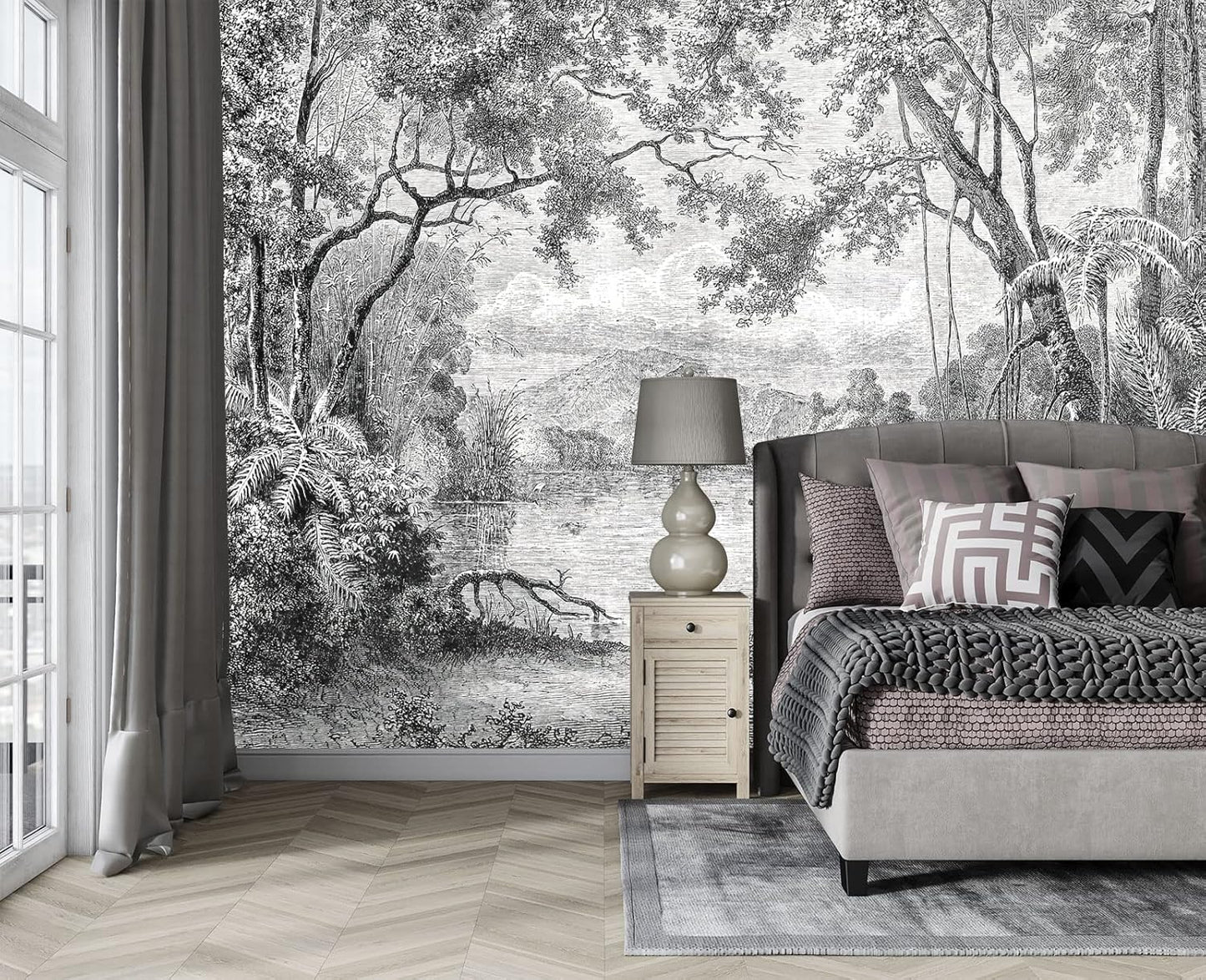 Black and White Tropical Rainforest Wall Mural Wallpaper for Bedroom 137" x 100"