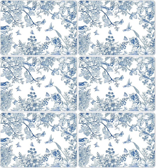 Blue Floral Placemats Set of 6 Flower Bird Plastic Table Mats Seasonal Spring Placemats Chinoiserie Place Mats Rustic Vintage Table Decoration for Indoor Outdoor Party Kitchen Dining