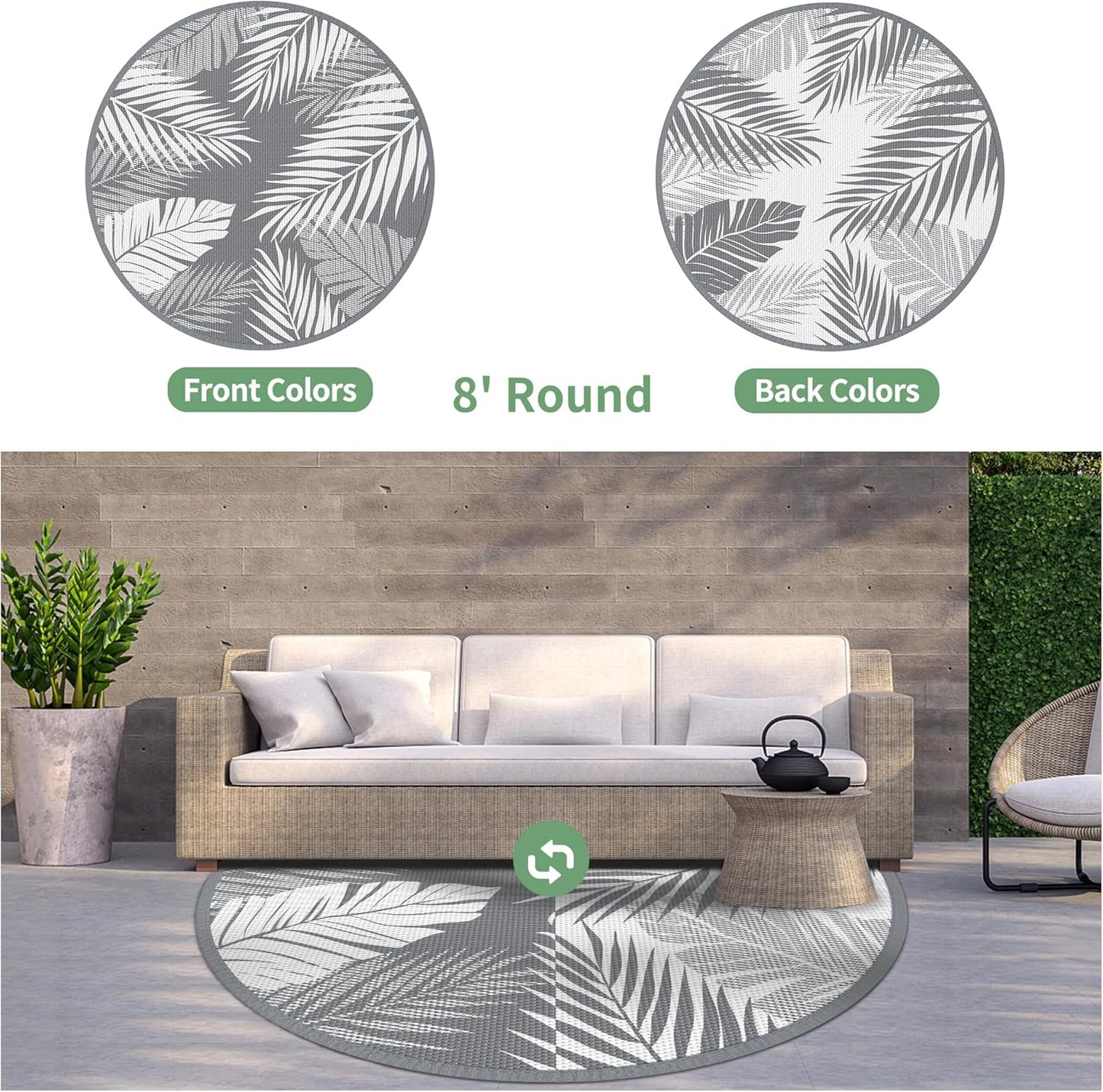 GENIMO Outdoor Rug 8' Round Waterproof for Patios Clearance, Reversible Outdoor Plastic Straw Camping Rug Carpet, Large Area Rugs Mats for RV, Camper, Deck, Balcony, Porch, Beach, Picnic, Grey&White