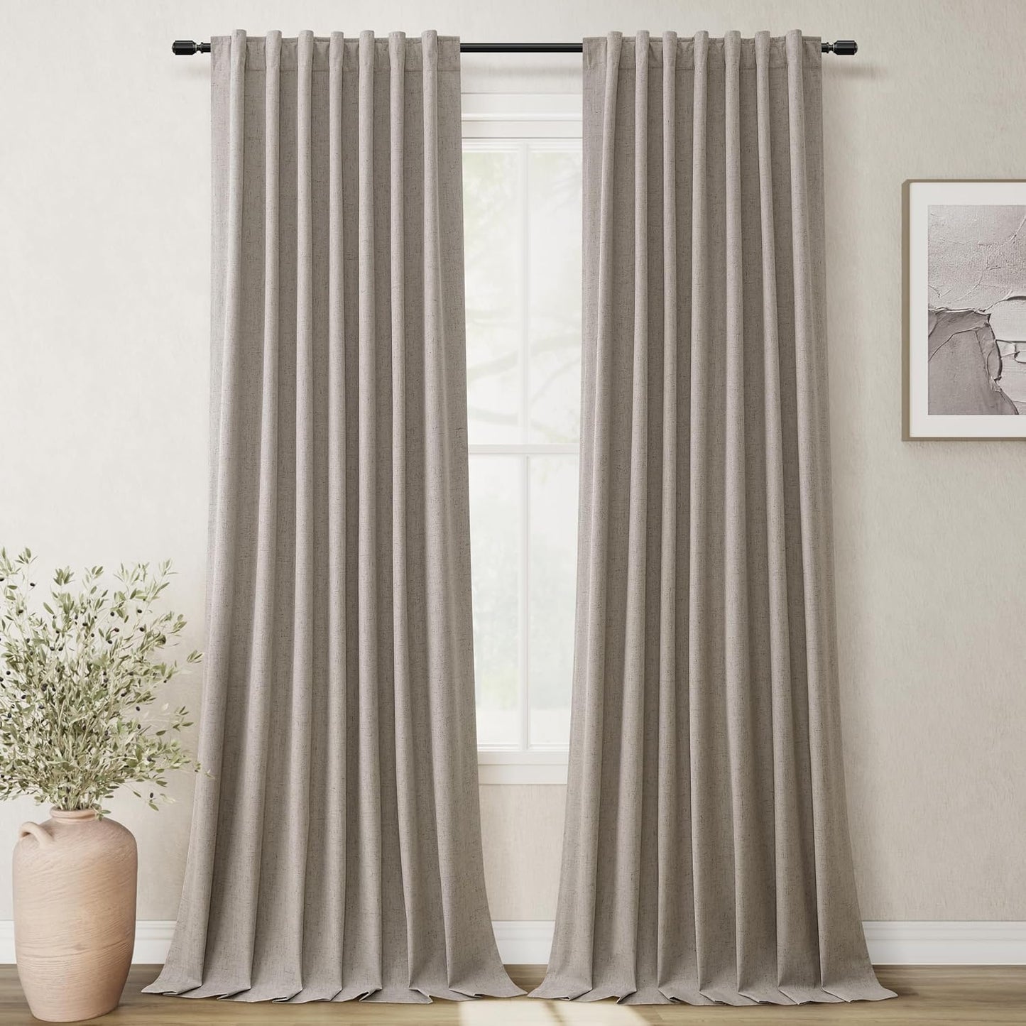 BOODII Room Darkening Curtains 120 Inch Back Tab Thermal Insulated Black Out Linen Drapes Extra Long Blackout Curtains for Patio Door Large Window Ceiling to Floor Light Blocking Dark Taupe 52x120