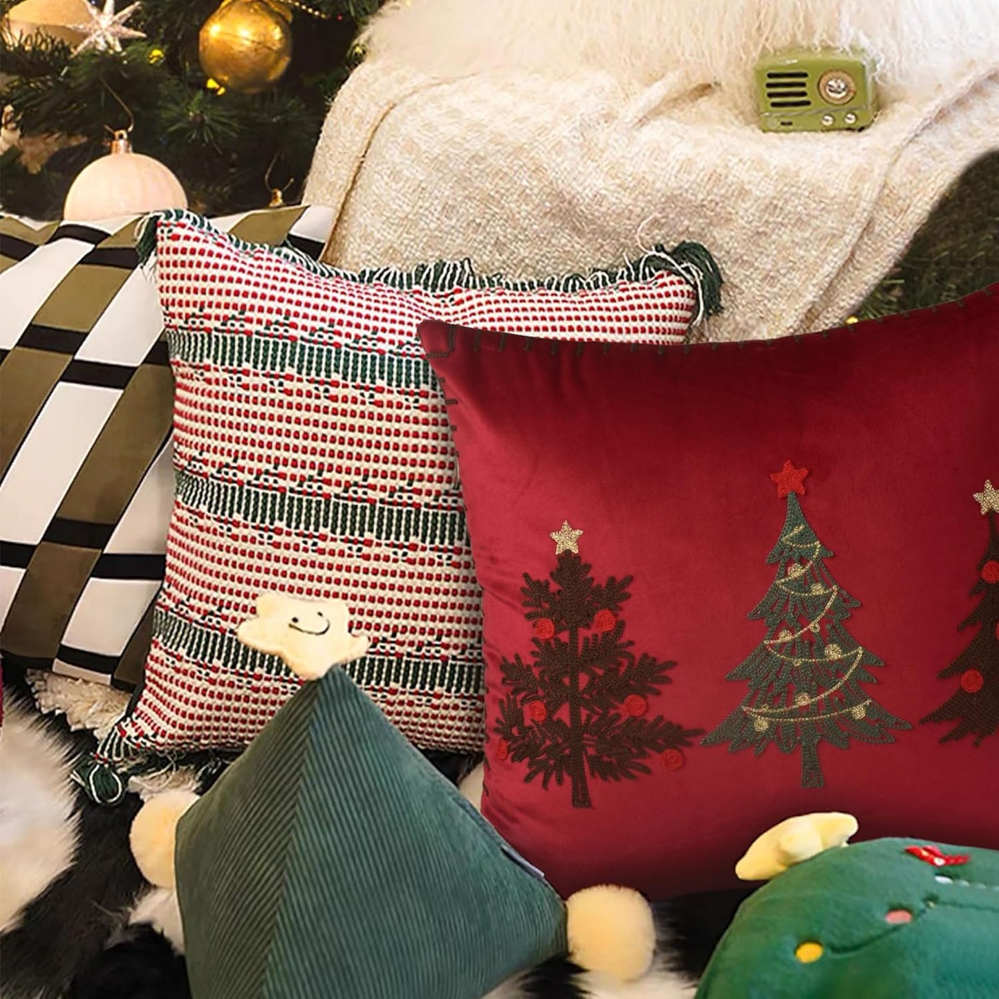 Christmas Pillow Covers 18x18 Inch - Red Embroidered Tree Throw Pillows for Holiday Decorations - Cushions for Couch, Sofa, Bed, Living Room, Bedroom