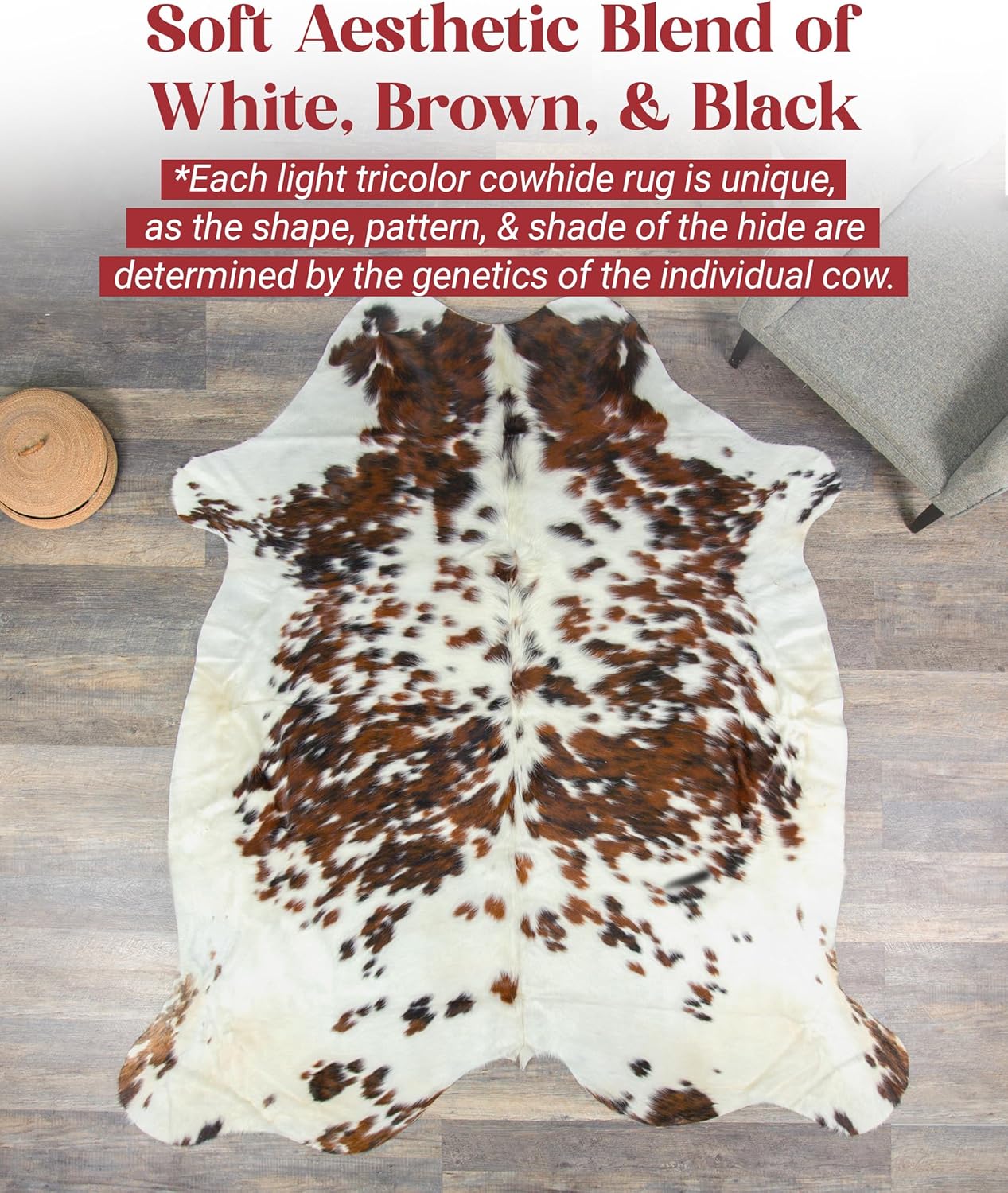 Natural Cowhide Rug for Home & Office Premium Light Tricolor Cowhide Rug with Mixed Brown, Black & White Patterns - Cow Hide Rugs Made with Tanned Leather - Cow Hide Rugs 5x7 ft