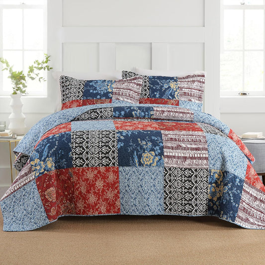 Secgo Twin Comforter Set for Bed - 100% Cotton Quilts Twin Size, Black Bedspreads (68 * 86 Inch) with 2 Pillow Shams, Patchwork Reversible Lightweight Bedding