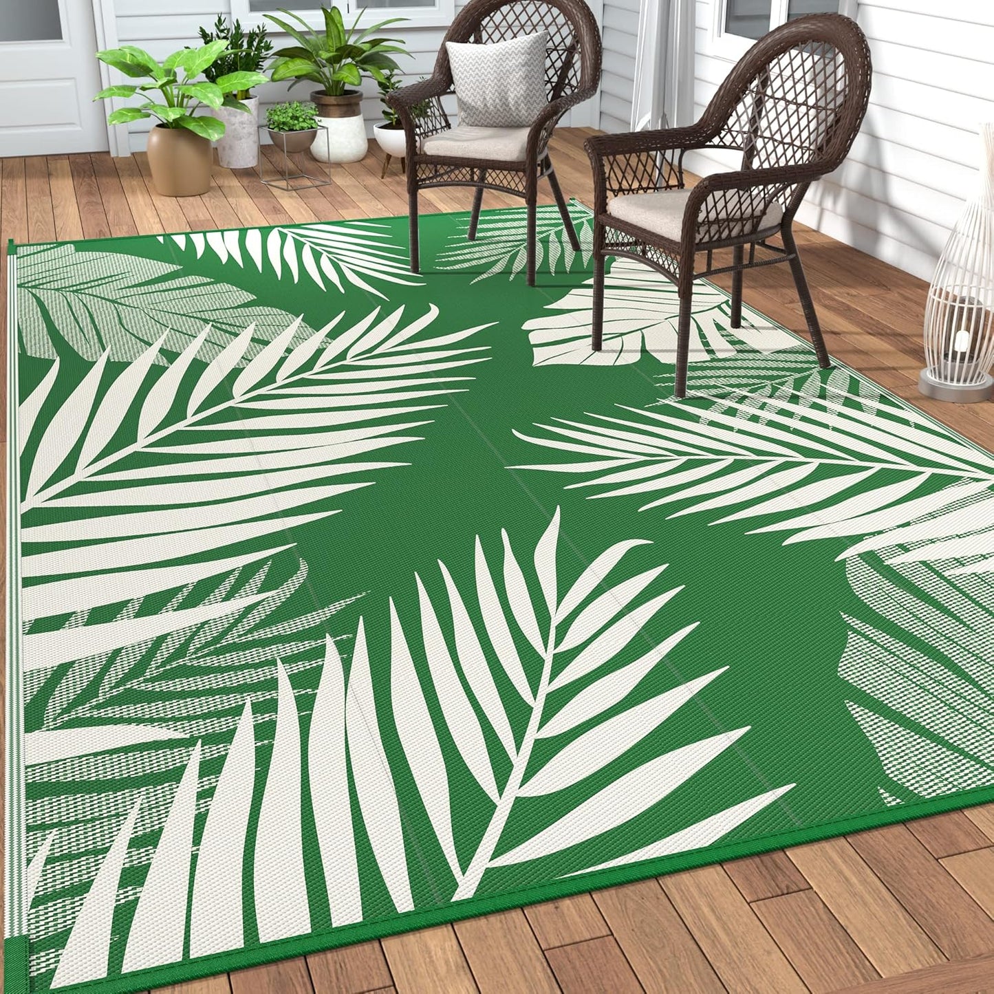 GENIMO Outdoor Rug 9' x 12' Waterproof for Patios Clearance, Reversible Outdoor Plastic Straw Camping Rug Carpet, Large Area Rugs Mats for RV, Picnic, Backyard, Deck, Balcony, Porch, Dark Green&White