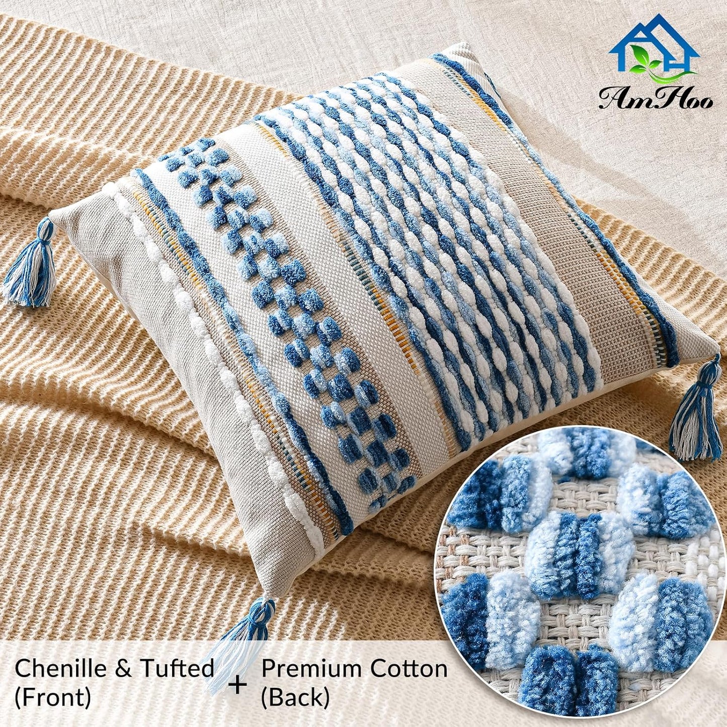 AmHoo Set of 2 Chenille Striped Textured Boho Throw Pillow Covers Aesthetic with Tassels Woven Decorative Pillow Case for Couch Bed Sofa Bedroom Modern Funky 18 x 18-Inch Sky Blue