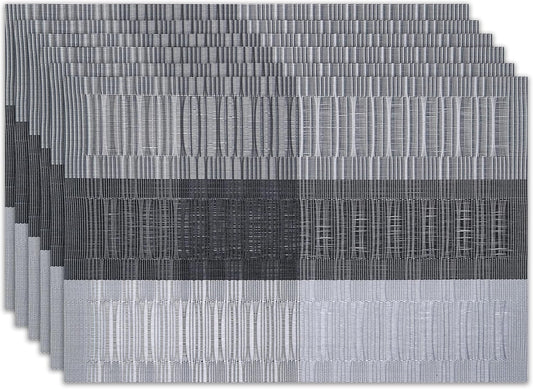 Placemats Set of 6 Washable Indoor/Outdoor Vinyl Place Mats for Dining Table Durable Non-Slip Heat Resistant PVC Weave Table Mats(Gray Black)